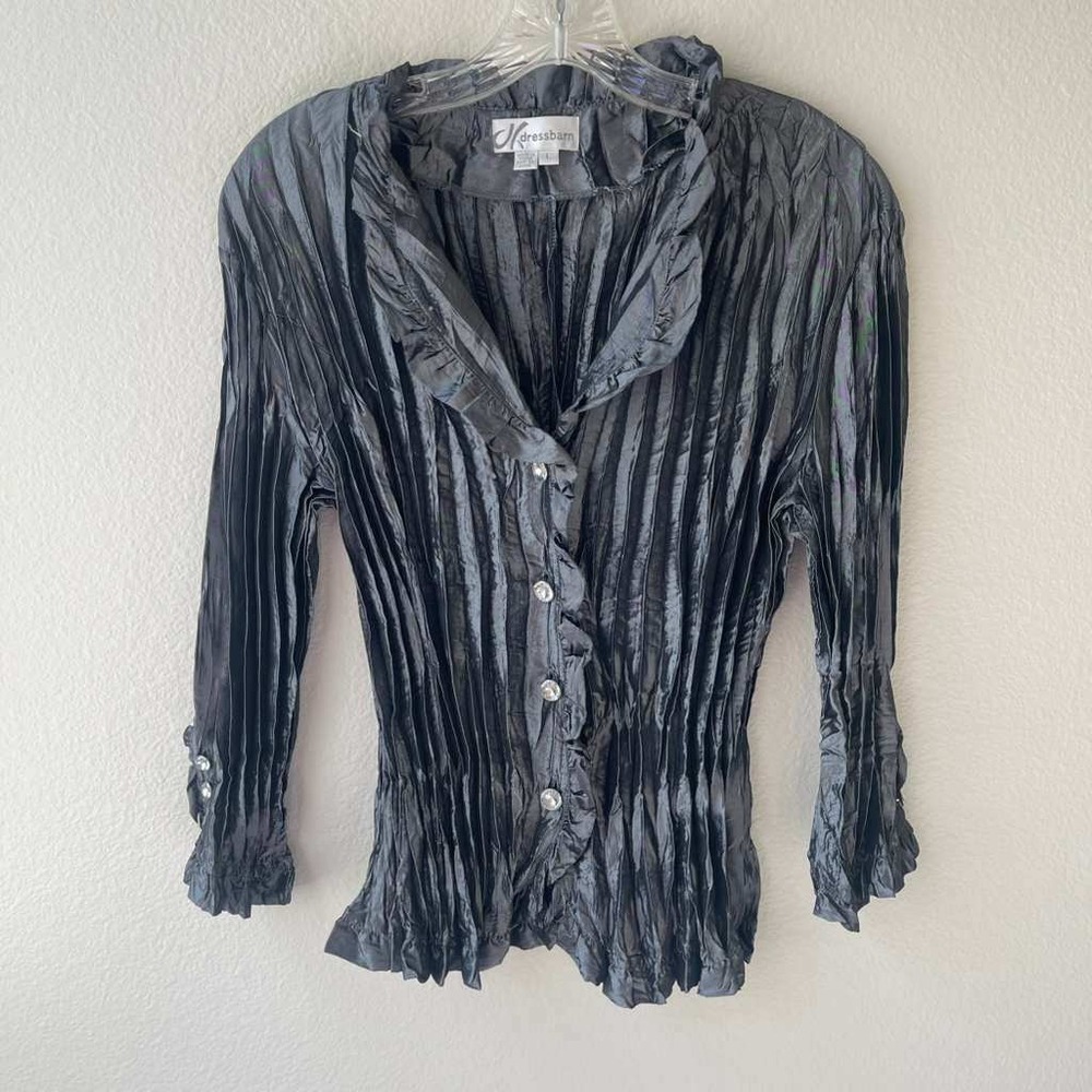 Dressbarn Gray Metallic Pleated Crinkle Button FrontTop L Rhinestone Y2k 2000's